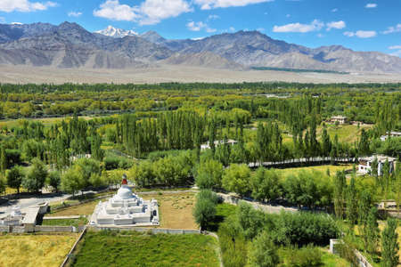 Views of desert and fields from Shey Palace in Ladakh region, northern India.の写真素材