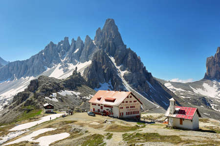 Dolomites, Italy - 25 June, 2019: Rifugio Auronzo and Chiesetta degli alpini in National Park Tre Cime di Lavaredo,Dolomites alps, South Tyrol, Italyのeditorial素材