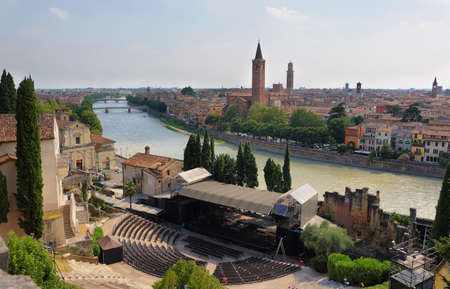 Panoramic view of Verona with Ronan Theatre and Adige river, northern Italyのeditorial素材