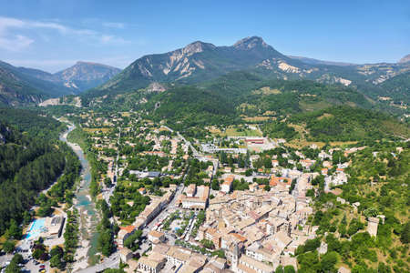 View of the ancient village Castellane (Provence) from the chapel Notre Dame du Roc, Franceのeditorial素材