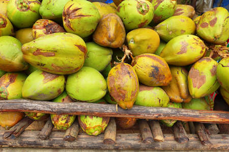 Bunch of fresh green Coconuts in a market in Munnar, India
