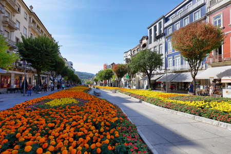 Braga, Portugal - August 3, 2020: Colorful streetdecorated with flowers in Braga downtown city, Portugalのeditorial素材