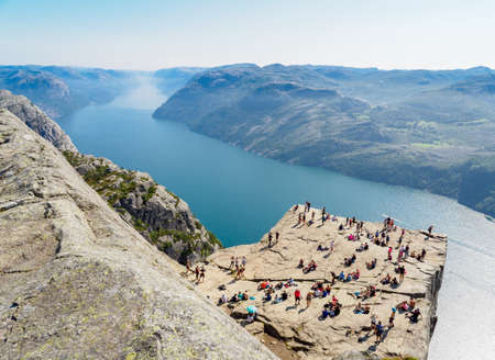 Preikestolen, the famous pulpit rock in a foggy day Norwayの写真素材