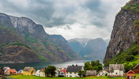 Views of Aurlandsfjord from Undredal village. The West Norwegian Fjords, Norwayの写真素材