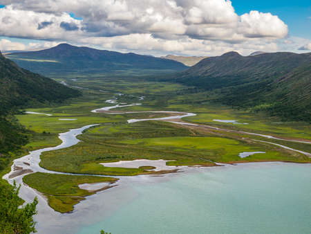 Valley Leirungsdalen with Ovre Leirungen lake from mountain Knutshoe, Jotunheimen national park,...