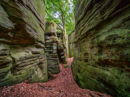 Impressive rock formation in Berdorf forest, Luxembourgの写真素材