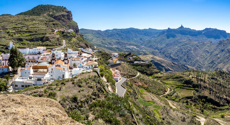 Artenara village and mountain landscape surroundings, Canary Islands, Spain. Roque Nublo is at backgroundの写真素材