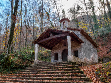 Sant Marti del Corb hermitage in Garrotxa region, Girona province, Catalonia, Spainの写真素材