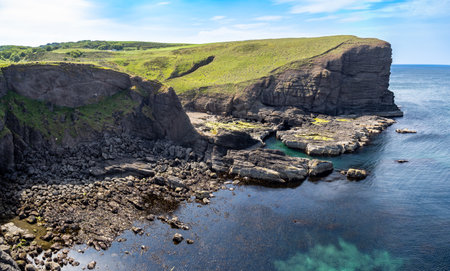 Cullykhan Bay in Scotland from former site of Cullykhan Fort, United Kingdomの写真素材