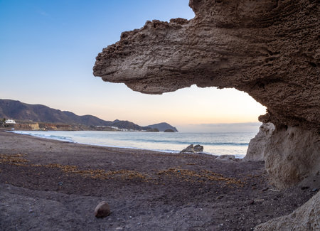Curious Rocks in Los Escullos beach, Cabo de Gata, Almeria province, Spainの写真素材