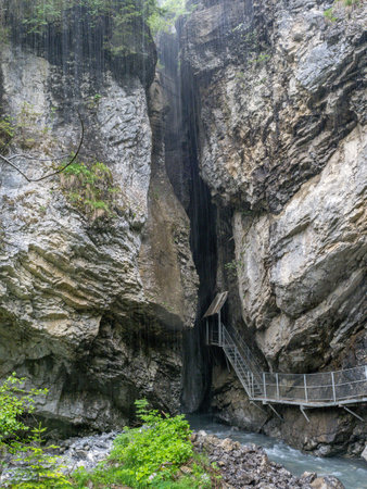 Choleren gorge near Adelboden town with heavy rain, Switzerlandの写真素材