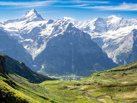 View of Grindelwald and peaks surrounding from First Station, Switzerlandの写真素材