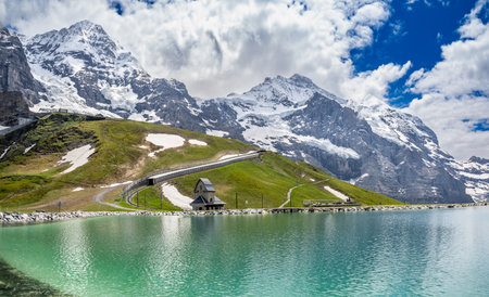 Fallbodensee lake near Kleine Scheidegg station, Switzerlandの写真素材