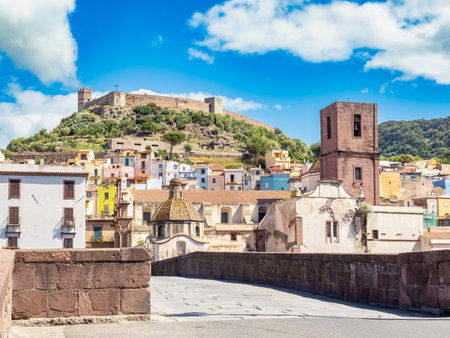 Ponte Vecchio and castle in Bosa, town of west Sardinia islandの写真素材