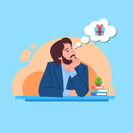 Businessman sitting at his desk and thinking about a gift. Vector illustration.のイラスト素材