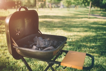 Friends making barbecue and having lunch in the nature. Couple having fun while eating and drinking at a pic-nic - Happy people at bbq party.の写真素材