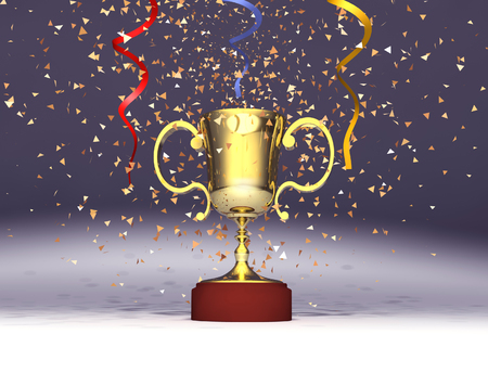 Trophy with confetti and streamersの写真素材
