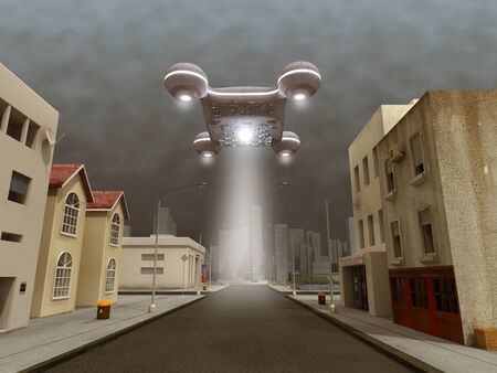 Spacecraft over a cityの写真素材