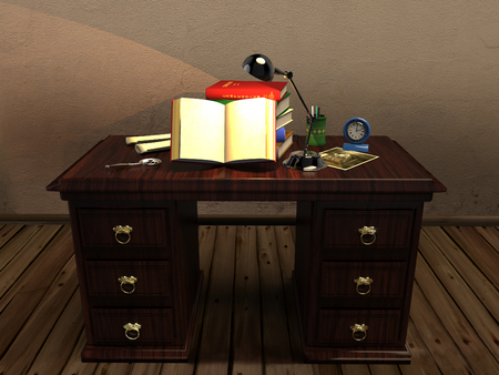 Antique desk with an open bookの写真素材