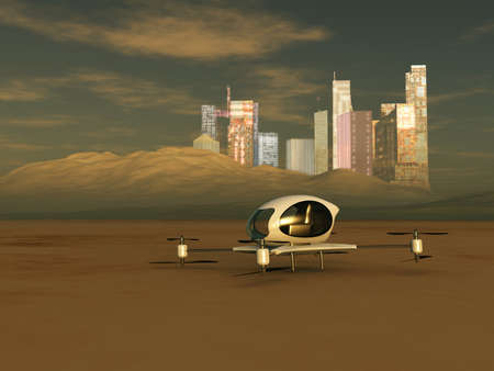 Drone in a landscape with a city in the backgroundの写真素材