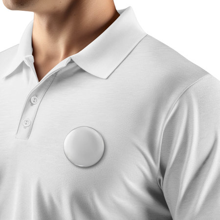 Pin Badge on Polo T-Shirt on white backgroundの写真素材
