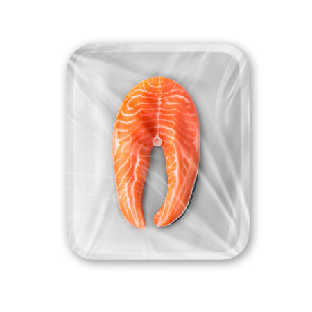 Fresh Salmon in Plastic Tray for Convenient Meal Prepの写真素材
