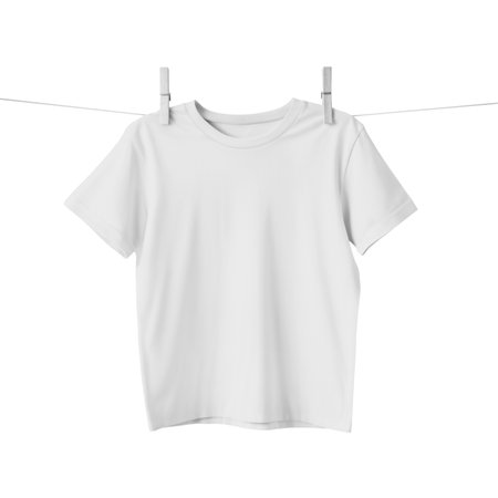 Blank white t-shirt hanging on clotheslineの写真素材