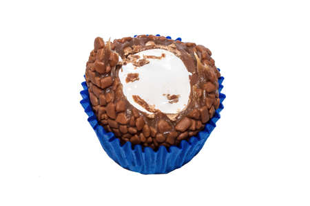 Traditional handmade Brazilian chocolate candy called brigadeiro in a gourmet version filled with marshmallow. Isolated on white background.の写真素材