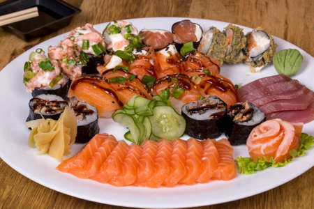 dish with different types of Japanese food.の写真素材