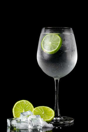 Gin and tonic cocktail with lemon and ice.の写真素材