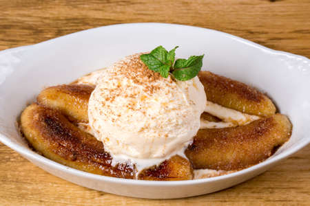 Banana Flambe With Vanilla Ice Cream. close up.の写真素材