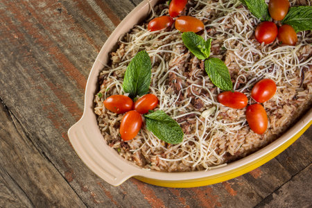 Tasty and aromatic lamb or lamb biriyani with basmati rice. top view.