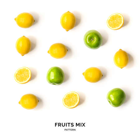 Seamless pattern with fruits. Tropical abstract background. Lemon and apple on white background.の写真素材