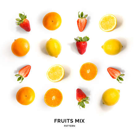 Seamless pattern with strawberry, lemon and orange. Tropical abstract background. Strawberry, lemon and orange on the white background.の写真素材
