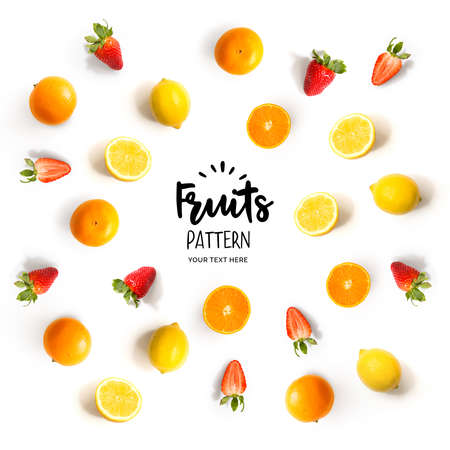 Pattern with strawberry, lemon and orange. Tropical abstract background. Strawberry, lemon and orange on the white background.の写真素材