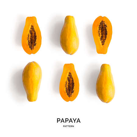 Seamless pattern with papaya. Tropical abstract background. Papaya on the white background.の写真素材