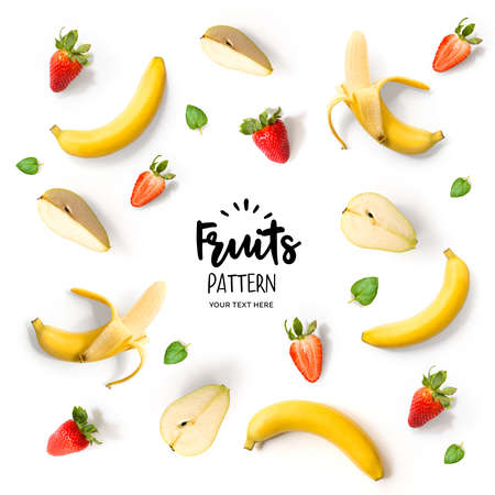 Pattern with banana, strawberry and pear. Tropical abstract background. Banana, strawberry and pear on the white background.の写真素材