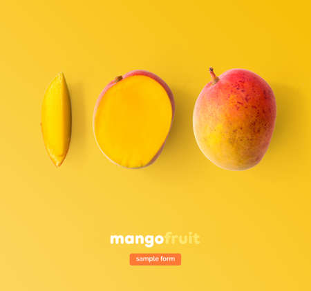 Creative layout made of mango. Flat lay. Food concept. Macro concept. Yellow background.の写真素材