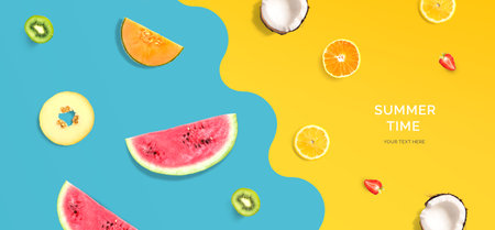 Summer background with fruits. Vector illustration of watermelon, orange, kiwi, lemon, grapefruit.