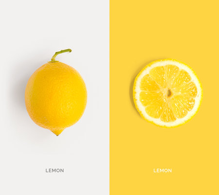 Creative layout made of lemon and lemons on white and yellow background. Minimal summer concept....