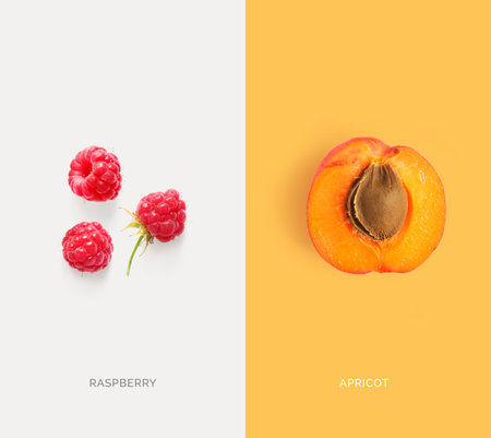Ripe apricot and raspberry on a yellow and white background.の写真素材