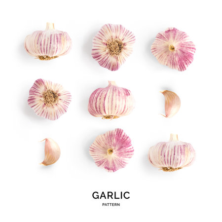Garlic set isolated on white background. Flat lay, top viewの写真素材