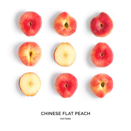 Peaches on a white background. Flat lay, top view.