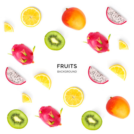 Set of tropical fruits. Dragon fruit, kiwi, mango, orange, lemon, kiwi isolated on white background....