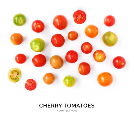 Creative layout made of tomatoes on the white background. Flat lay. Food concept. Vegetables isolated on white background.の写真素材