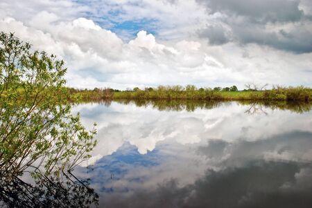 Beautiful spring landscape with sky reflected in waterの写真素材