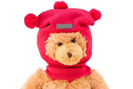 Teddy bear in winter knitted hat with pompons isolated on whiteの写真素材