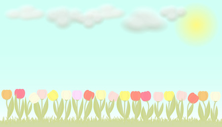 Colorful bright vector flowers tulips and blue sky with cloudsのイラスト素材