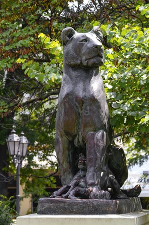 Beautiful old bronze statue of a lion in the cultural heart of the Odessa city, Ukraineの写真素材