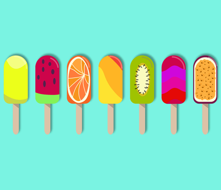 Colorful popsicle ice cream with different topping. Sweet summer dessert collage. 3d vector set. Parer art style. Design for wallpaper, wrapping, fabric, background, apparel, prints, banners etcのイラスト素材